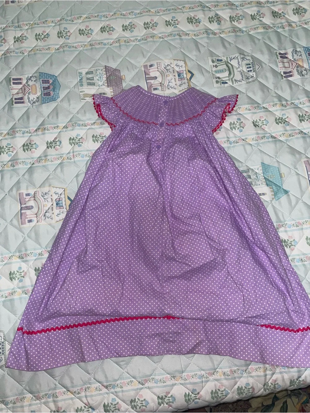Girls Lavender Polka Dot Smocked Dress with Cupcake Detail